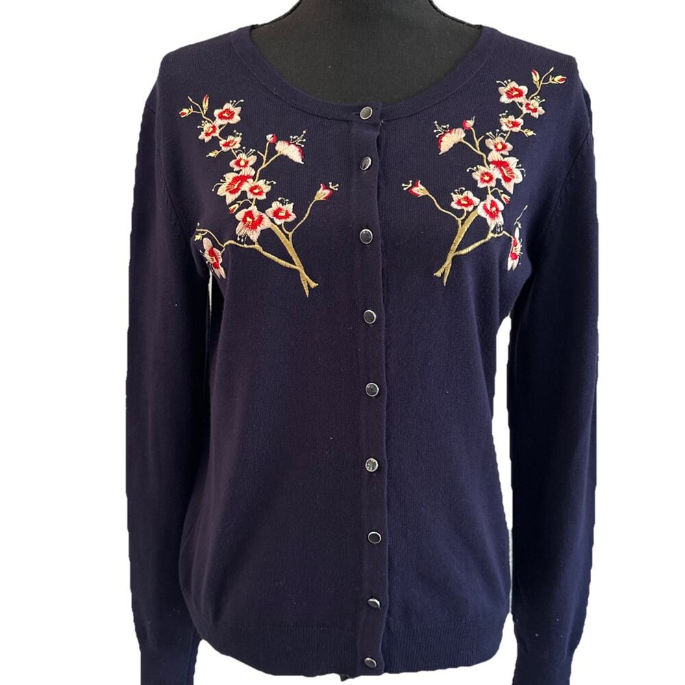 Melrose Chic New York Cardigan Sweater Size‎ Small Blue Floral Cherry Blossoms